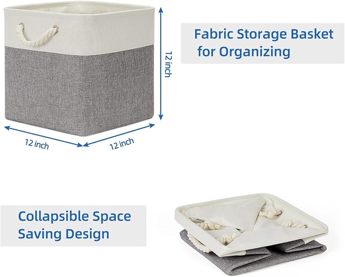 Temary Fabric Baskets 12 Inch Storage Cubes Basket with Handle, Clothes Baskets for Gift, Large Bins for Organizing Books, Blankets (White&Gray) - Image 7