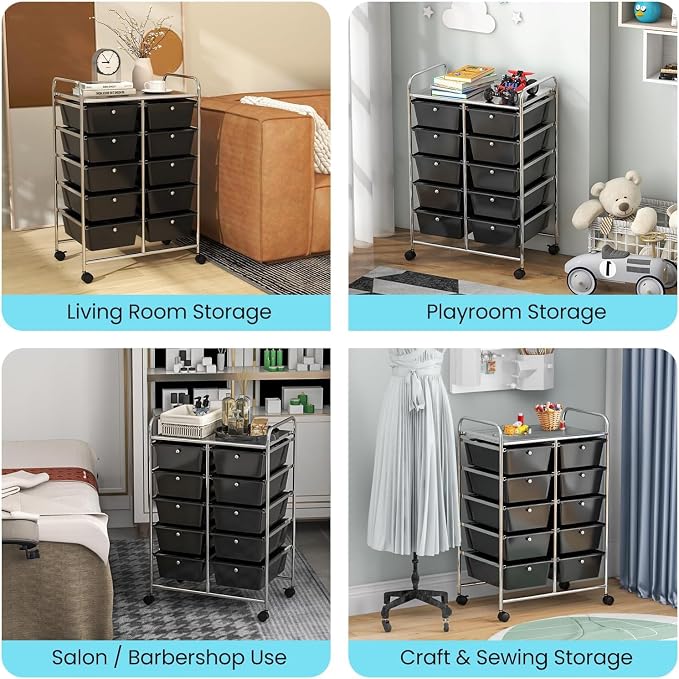 10 Drawer Rolling Cart, Storage Cart Organizer on Wheels, Drawer Cart with Metal Frame & Large Storage Capacity, Rolling Cart with Drawers for Living Room Classroom, Office - Image 9