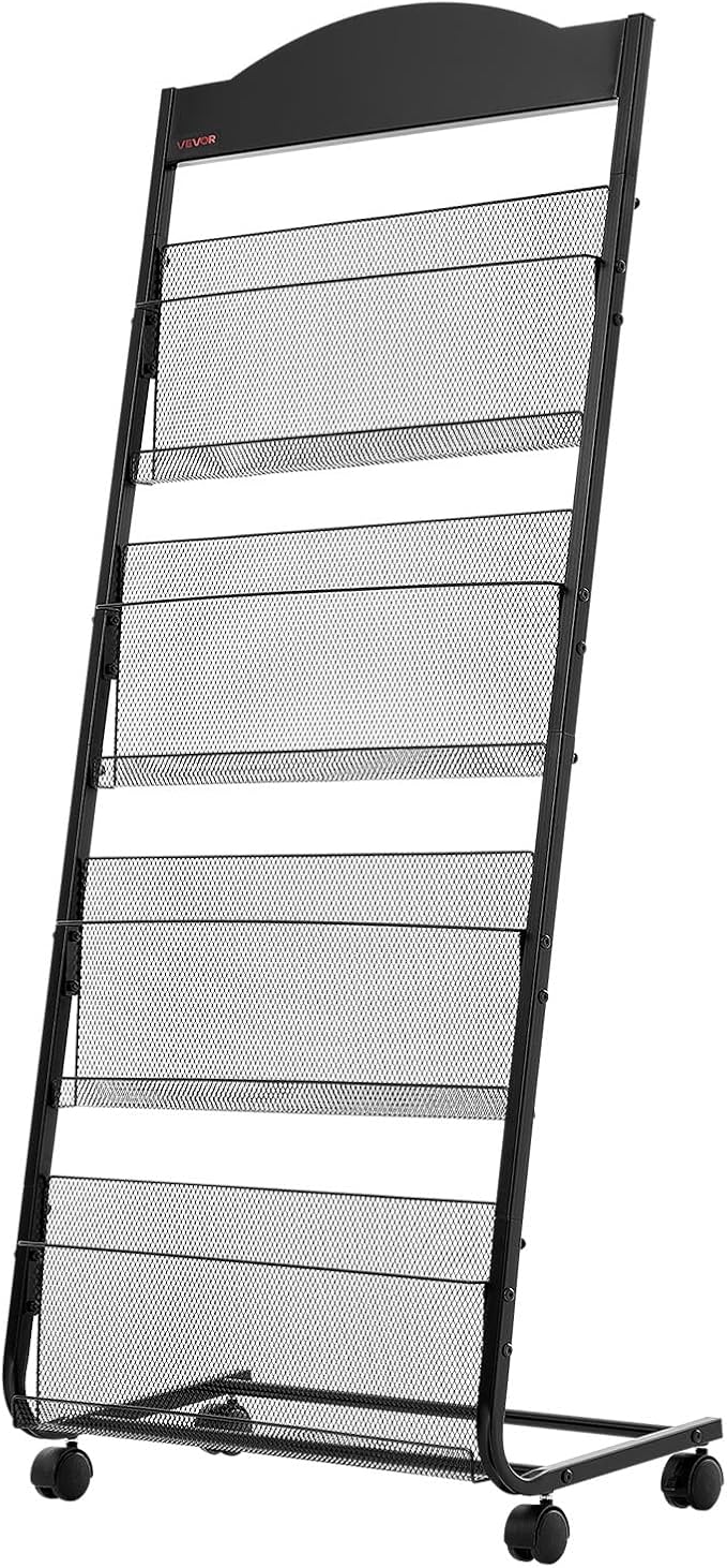 VEVOR Brochure Display Rack, 4-Tier Magazine Literature Display Stand with Wheels, Movable Floor Standing Magazine Rack, Heavy Duty Newspaper Catalog Holders for Shop Exhibitions Office Craft Fairs - Image 9