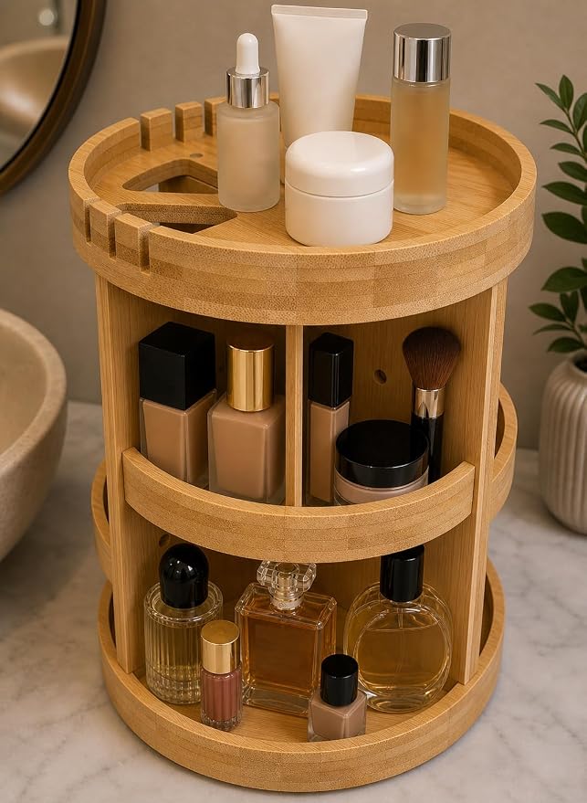 Bamboo Rotating Makeup Organizer with Adjustable Shelves - Round, Multipurpose Storage 360° Carousel for Vanity, Bathroom, Kitchen Countertop, Bedroom, Desk - Image 7