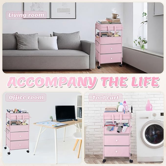 FoldTier 3In1 Baby Diaper Caddy Organizer Cart 4 Tier Large Capacity Metal Utility Bedside Rolling Cart with Divider Newborn Registry Nursery Essential Must Have Bedroom Gift Baby Shower(Pink) - Image 6