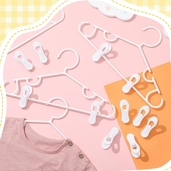 Hsei 10 Pcs 14 in Baby Youth Kids Clothes Hangers with 20 Clips for Pants Non-Slip Toddler Plastic Hangers for Child Aged 7-12 Years, Space Saving Design with Shoulder Notches for Trousers Tops Jeans - Image 6