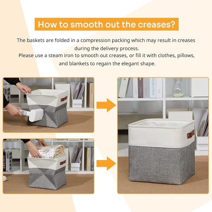 DULLEMELO 11 Inch Cube Storage Bins (Set of 4), Fabric Storage Baskets for Standard Cube Organizers, High-Capacity Collapsible Bins with PU Leather Handles for Closet, Nursery, and Shelves-White&Grey - Image 6