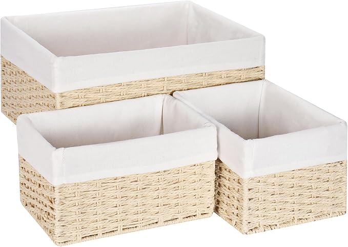 Wicker Basket, Set of 3 Hand-woven Storage Baskets for Organizing, Decorative Bathroom Wicker Storage Basket Bins with Handles, Small Toilet Paper Storage Baskets for Shelves & Decor, Beige - Image 7