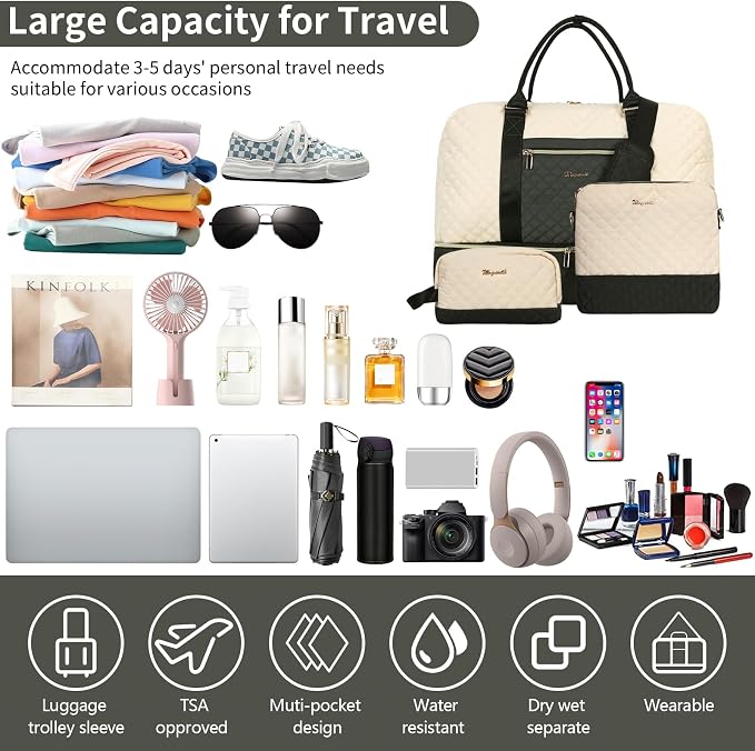 3PCS Weekender Bags for Women Large Overnight Bag, Black Beige Green | Weekender Travel Duffel Bags Carry on Shoulder with Shoe Compartment Toiletry Bag Satchel Bag for Travelling Business Gym - Image 7