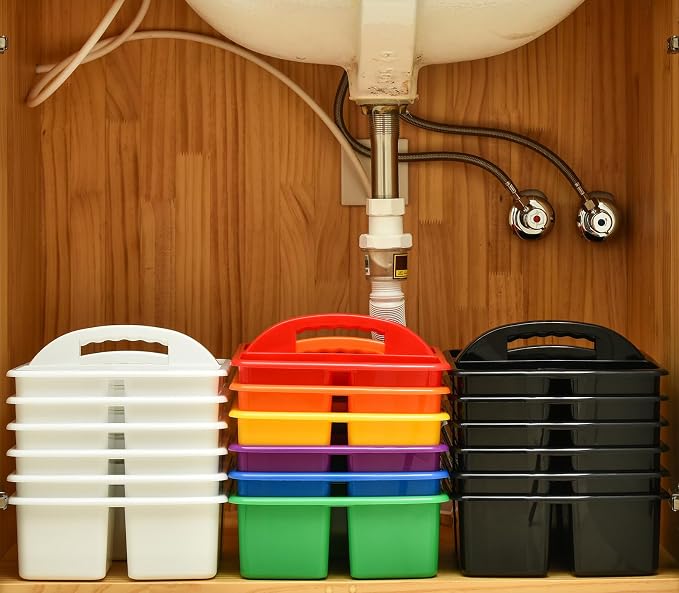 ALINK Plastic Classroom Caddy Organizer with Handle, 6-Pack 3 Compartments, Teacher Supply Storage Caddy for Classroom Organization, Table, Desk, Office, Craft Art for Kids - White - Image 9