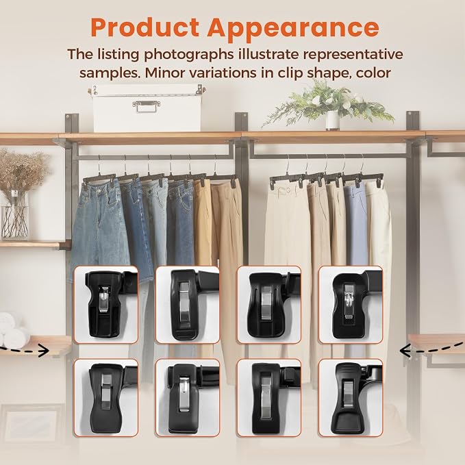HOUSE DAY Black Pants Hangers with Clips 50 Pack, 12 Inch Skirt Hangers | Non-slip clips hold trousers, skirts, shorts and jeans; 360° swivel hook allows easy access for everyday adult wardrobes - Image 9