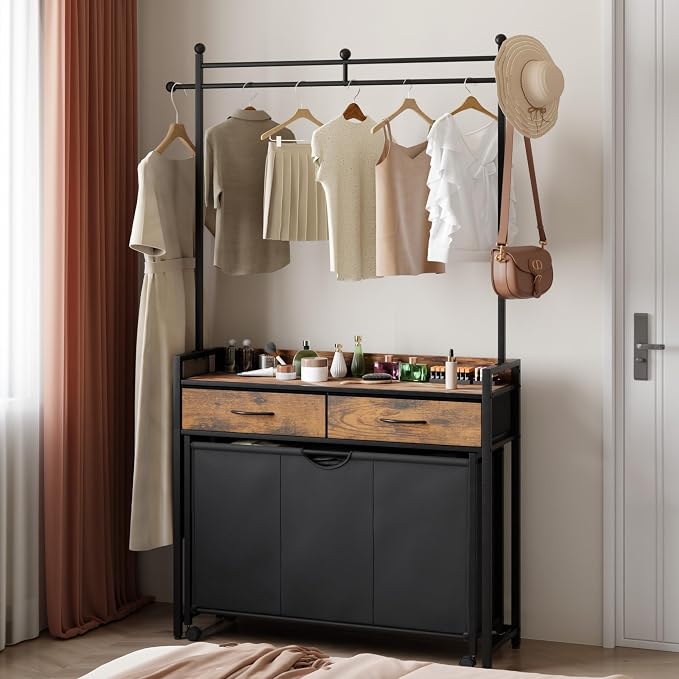 Mondeer 150L Laundry Sorter with Hanging Rack, 3 Compartments, 2 Drawers | Shelf, Wheels, Pull-Out Laundry Hamper for Bathroom Bedroom, Rustic Brown and Black - Image 9