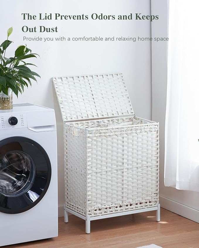 SETVSON Laundry Hamper with Lid, 112 L Handwoven Rattan, Cloud White | 2-Section Large Basket, 2 Removable Liner Bags, 3.34-In Heightened Metal Feet, 6 Mesh Laundry Bags, Side Handles - Image 7