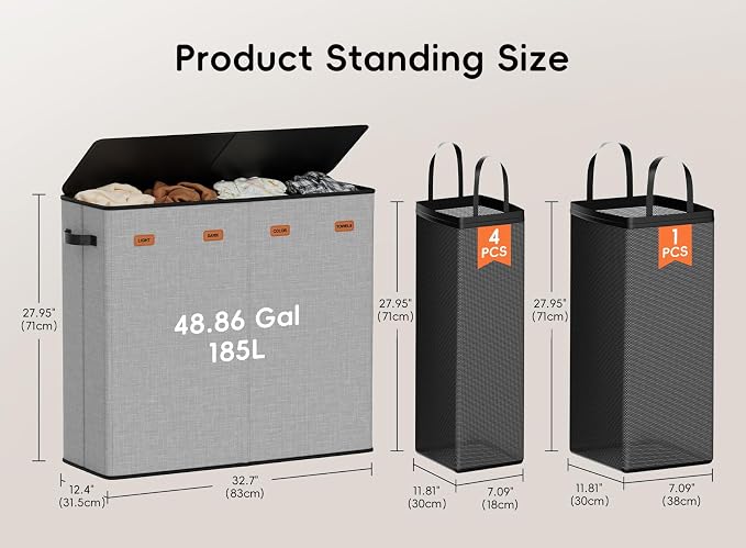 Laundry Hamper 4-Section with Lid, 185L Laundry Sorter with 4 Removable Bags + 1 Extra Large Bag, Switchable 3/4 Compartment, Laundry Basket Organizer for Bedroom, Laundry Room,Grey - Image 6