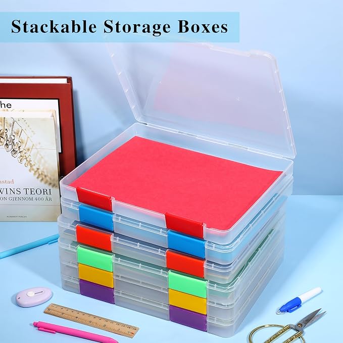 6 Pcs Clear Paper Storage Box,12.4 x 9.84 x 1.18 Inches,Colorful | A4 Plastic File Box Document Paper Organizer Storage Board Game Project Cases Containers with Buckle for Craft, Magazine - Image 6
