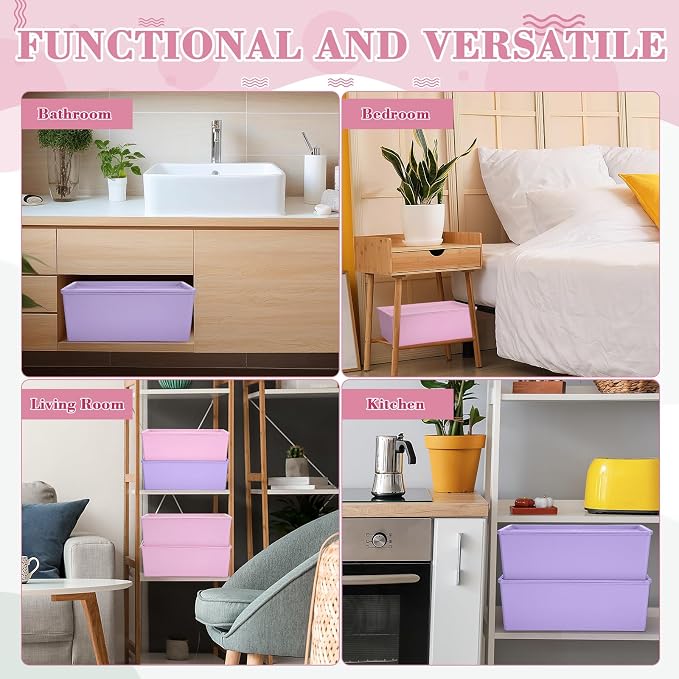 4 Pcs Storage Bins with Lids, Pink, Purple, Large | Plastic Stackable Organizing Containers, Heavy Duty Storage Boxes for Classroom Room Shelves, Christmas Ornaments Baskets - Image 6