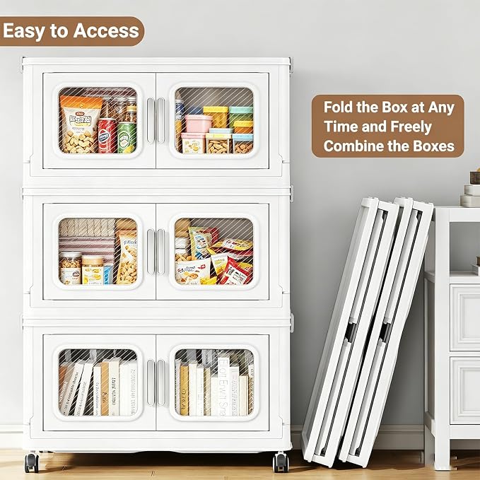 BROVIEW 50 Qt Extra Large Stackable Storage Bin with Lids, 1 Pack White | 12.5Gal Extra Large, Collapsible Storage Boxes with 1 Lids, Folding& Rolling Plastic Drawer, Heavy-Duty Cabinet Organization - Image 6
