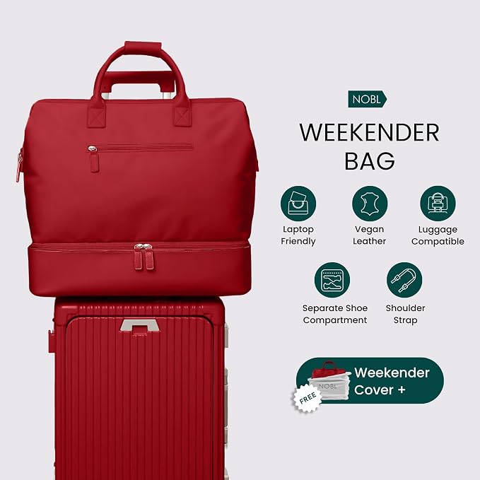 Nobl Travel Weekender Bag for Women & Men, Large Carry-On Duffel Cherry Red | Leather Overnight Tote with Trolley Sleeve, Separate Shoe Compartment & Laptop Pocket for Airplane, Gym & Road Trips - Image 5