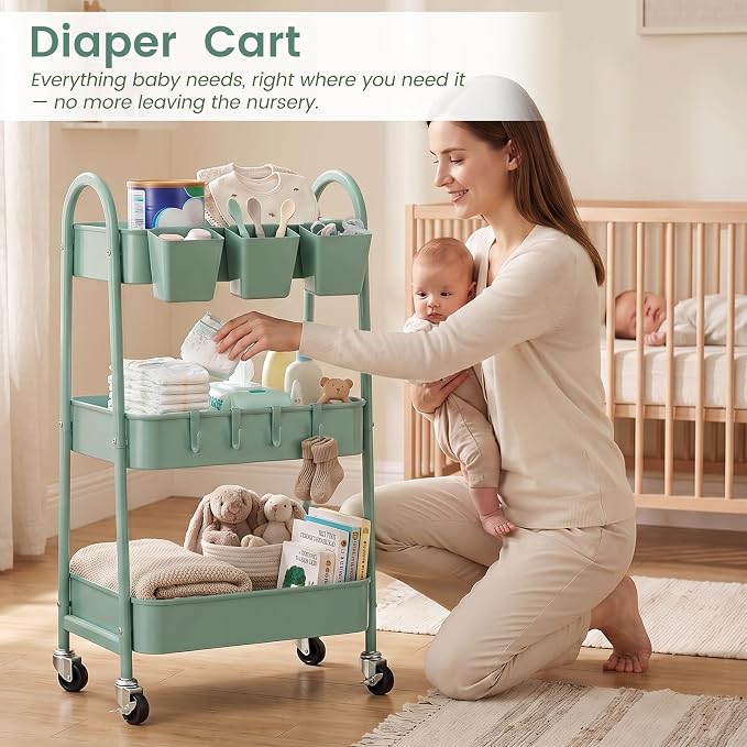 danpinera 3-Tier Rolling Cart, Utility Cart Mobile Metal Rolling Storage Cart with Lockable Wheels & Hanging Cups & Hooks for Kitchen, Bathroom, Office, Workshop, Green - Image 8