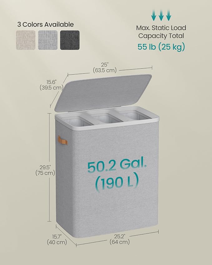 SONGMICS Laundry Basket, 50.2 Gal. Laundry Hamper, 3 Compartments, Easy Assembly, with Lid and Handles, Removable Liners, 25.2 x 15.7 x 29.5 Inches, Dove Gray ULCB814GD01 - Image 6
