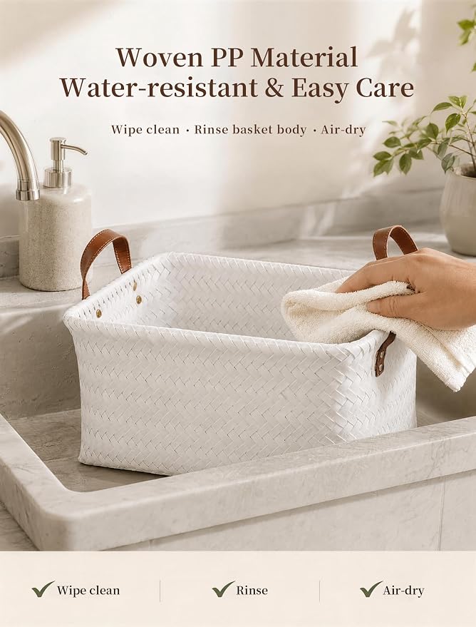 Wicker Storage Baskets, 4 Pack Woven Baskets for Shelves, White | PP Rattan, Water-resistant Wicker Basket, Large Baskets with Faux Leather Handles for Blanket, Laundry Organizer, Room Decor - Image 7