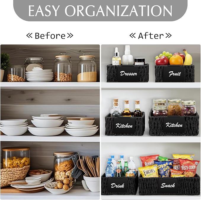 Marsui 9 Pcs Paper Rope Storage Baskets with Handle Labels Handwoven Multi-size Black Storage Bins for Organizing Small Baskets Container for Shelves Closet Pantry Toilet - Image 6