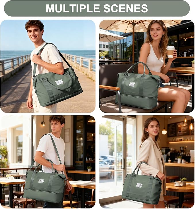 Travel Duffel Weekender Bag Women Tote Carry On Bags With Shoe Compartment | 18x14x8 inches Travel Overnight Bags with Trolley Sleeve for Airplanes Sport Tote Gym for Men Lightweight Daypack Green.. - Image 8