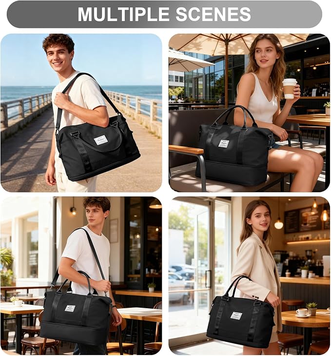 Travel Duffel Weekender Bag Women Tote Carry On Bags With Shoe Compartment | 18x14x8 inches Travel Overnight Bags with Trolley Sleeve for Airplanes Sport Tote Gym for Men Lightweight Daypack Black... - Image 8