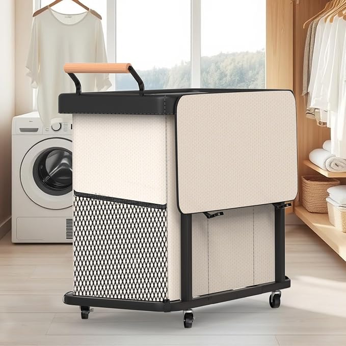 Rolling Laundry Hamper with Wheels,Laundry Hamper 3 Section with Lid Beige | Laundry Basket with Rolling Lockable Wheels and Handle, Laundry Basket Organizer for Laundry Room, Bedroom 60Gal - Image 7