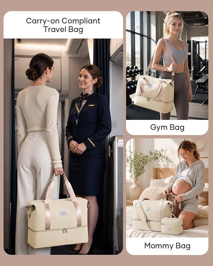 Travel Duffel Weekender Bag Women Tote Carry On Bags With Shoe Compartment | Travel Overnight Bags with Trolley Sleeve for Airplanes Waterproof Lightweight Sport Tote Gym with Toiletry Bag Beige - Image 9