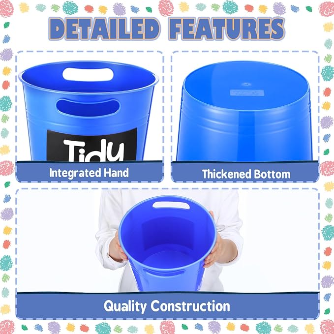 meekoo 6 Pcs Tidy Tubs Classroom Trash Bins with Self-Adhesive Labels, Colorful Plastic Bucket Sorting Bins for Crafts, Sorting, Centerpiece, Pencil Holder 9.45 x 7.68 x 8.46 Inch for School - Image 6