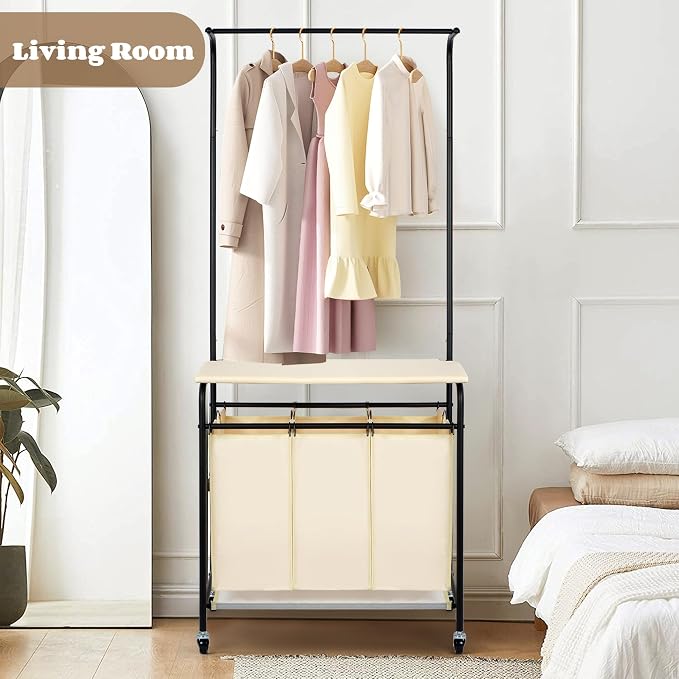 MYOYAY 3 Section Laundry Sorter with Garment Hanging Bar Rack Foldable Ironing Board, Laundry Basket Organizer Heavy Duty Laundry Hamper Rolling Cart with Lockable Wheels and 3 Removable Bags - Image 9