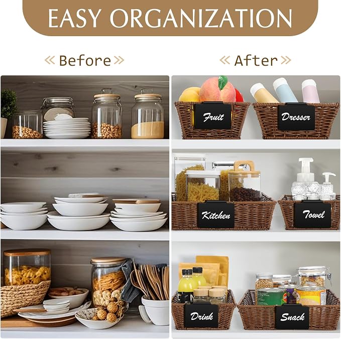 Marsui 9 Pcs Wicker Storage Baskets for Pantry Organization with Handle Labels Handwoven Multi-size Dark Brown Small Organizer Baskets Storage Bin Container for Shelves Closet Toilet Christmas Holiday - Image 6