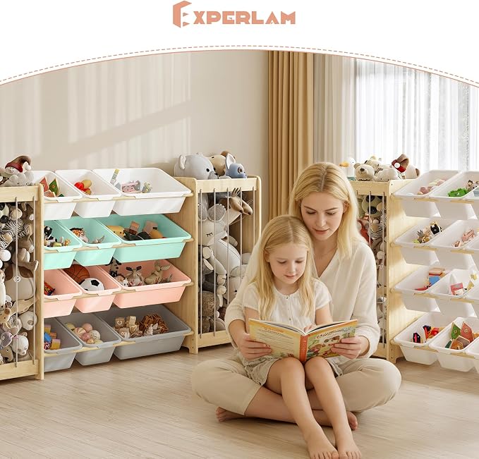 EXPERLAM Large Toy Storage Organizer, Wooden Stuffed Animal Storage & 12-Bins Toy Organizer, Double-Sided Plush Toy Holder Featuring Thicker Ropes, Space Save Playroom Bedroom Nursery Storage, Multi - Image 9