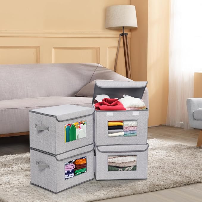 Univivi Fabric Closet Storage Bins with Lids for Shelves 4 Pack, Gray | 17 x 12 x 12 In Clothes Storage Bins with Handles & Window, Foldable Closet Organizers and Storage for Home, Office, Bedroom - Image 6