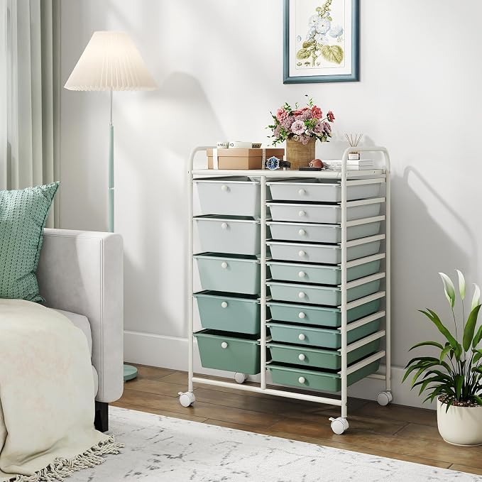 GOFLAME 15-Drawer Rolling Storage Cart, Craft Storage Cart with Removable Drawers & Lockable Wheels, Art Cart Supply Storage Organizer for Home Office Classroom, Green Gradient - Image 9