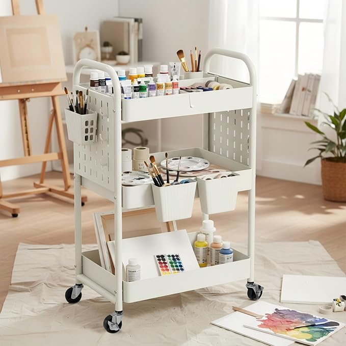 danpinera Craft Cart, Black Rolling Cart with Retractable Dividers & DIY Pegboards for Kitchen, Bedroom, Laundry - Image 9