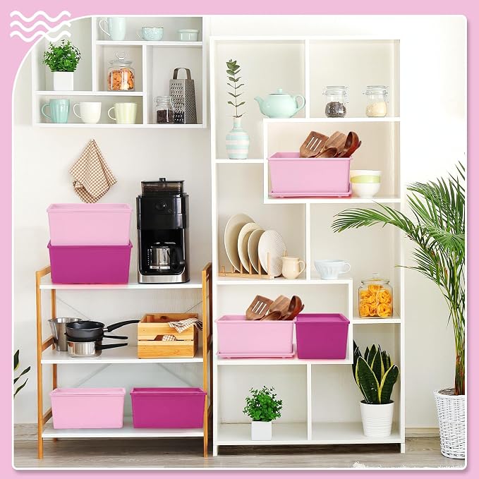 6 Pcs Small Plastic Storage Bins with Lids,Pink Series - Image 6