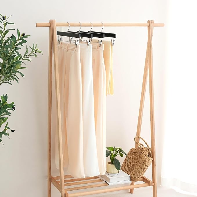 BAGAIL 10 Pack Wooden Pants Hangers with Adjustable Clips, 360°Swivel Hook Space Saving Skirt Holders with Anti-Rust Clips for Trousers, Jeans, Shorts (Black) - Image 7