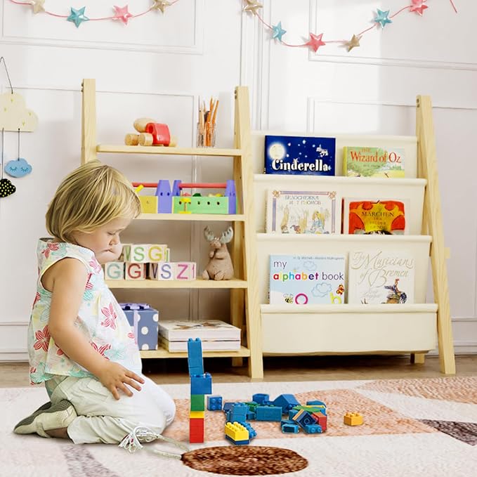 Toy Storage Organizer with Kids Bookshelf, Montessori Wooden Toy Organizer Book Shelf for Kids Rooms, Nursery, Playroom, Child, Baby, Toddler Bookcase, Toys Rack Fabric Sling Book Shelves - Image 7