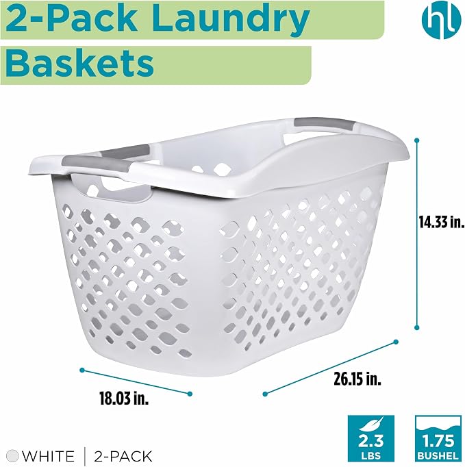 Home Logic 1.75 Bushel Plastic Laundry Basket with Hip Grip, Large Laundry Hamper with Handles, Ventilated Clothes Organizer for Bedroom Bathroom Closet, 2 Pack, White - Image 2