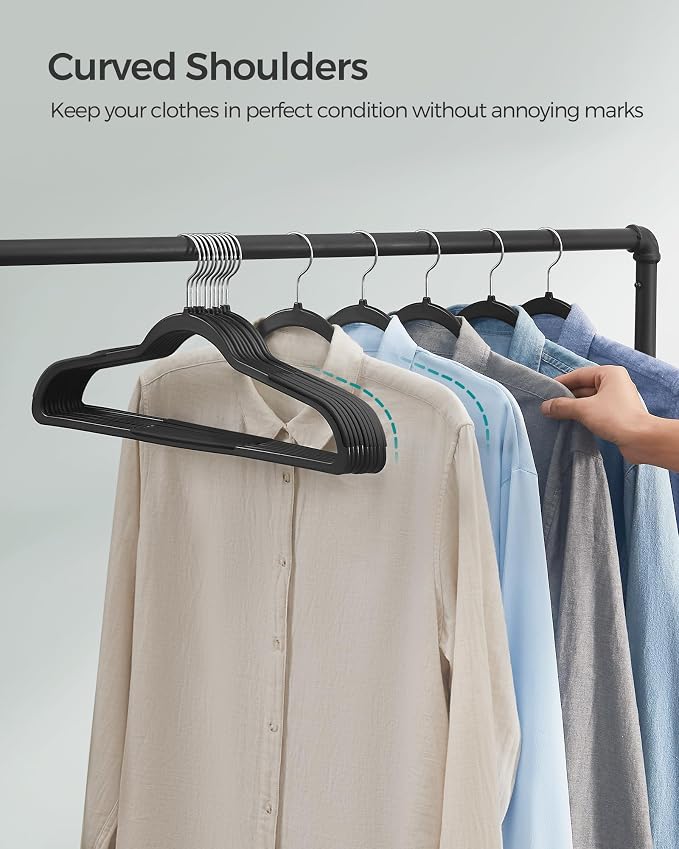 SONGMICS Plastic Clothes Hangers, Pack of 50, Non-Slip, Space-Saving | 0.2 Inches Thick, 17.7 Inches Wide, 360° Swivel Hook, Black, BREANNA Collection UCRP50B - Image 7