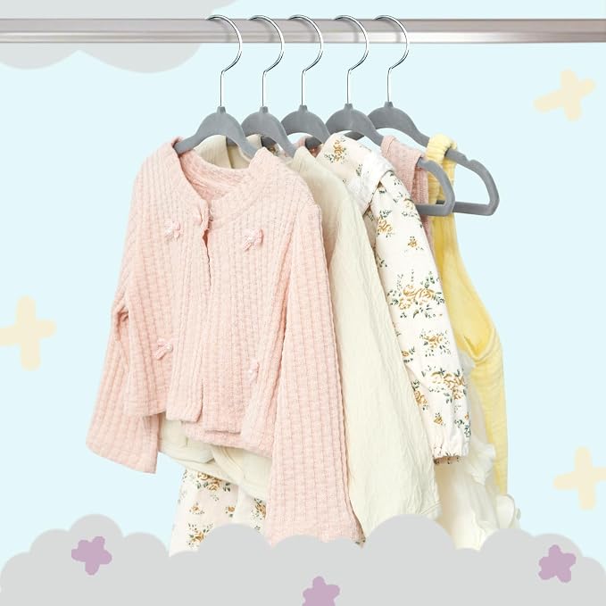 BAGAIL 50 Pack Kids Velvet Hangers 11 Inches Children's Clothes Hangers Non-Slip Baby Hangers for Infant/Toddler (Grey) - Image 7