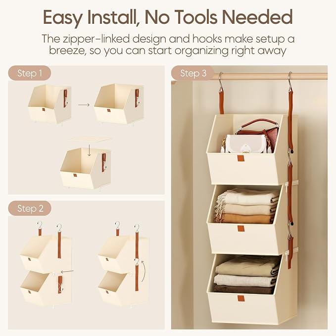 Collapsible Hanging Closet Organizer - 3 Tier Closet Shelves Storage System with Hooks, Fabric Hanging Storage Bins for Clothes, Foldable Storage Basket for Laundry, Bedroom, Rv, Beige - Image 7