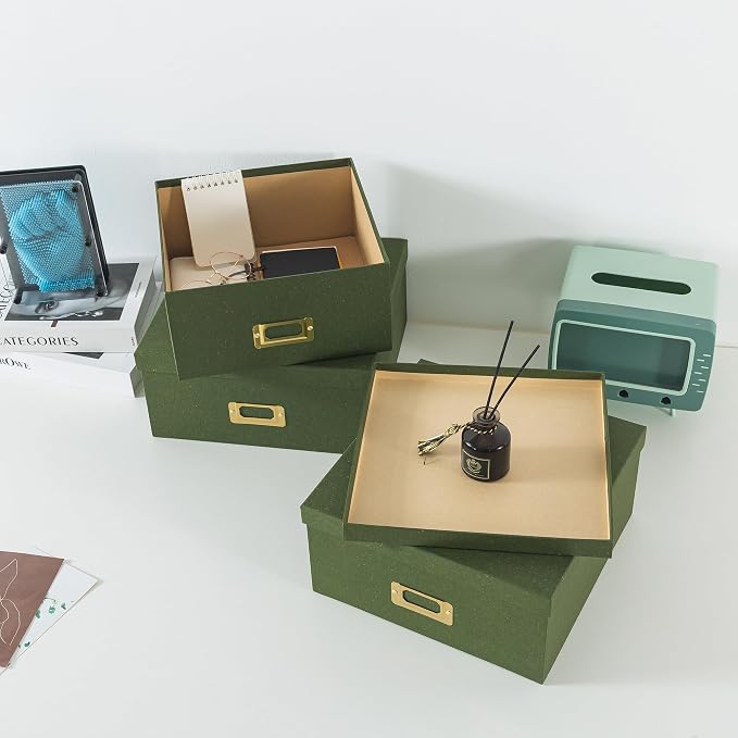 Soul & Lane - Green Decorative Memory Storage Boxes with Lids, Set of 3 | Square Stacking Kraft Photo Storage with Gold Label Holders, Large Nesting Cardboard Boxes for Office, Crafts and Paper - Image 9