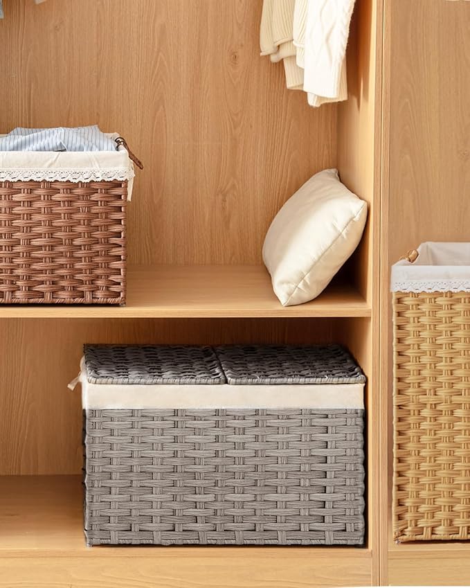SETVSON Storage Basket with Lid PE Rattan 27.8 Gal Wicker Chest, Gray | 105L Woven Wicker Baskets with 2 Separate Lids, 2 Removable, washable linings, Sturdy Iron Frame, 25.2 x 15.4 x 16.1 Inches - Image 7