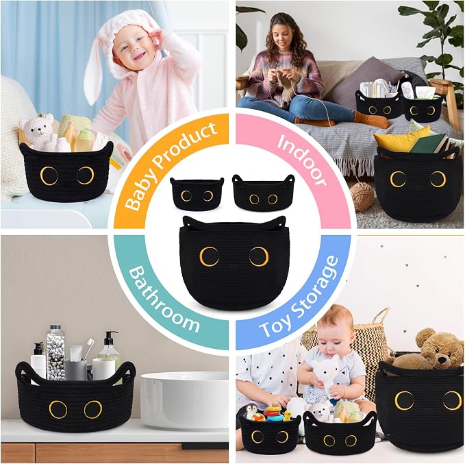 3Pack Black Cat Cute Storage Basket Set for Nursery- Small, Oval, Large Woven Gift Basket, Rope Cotton Bins with Lover Handles, Baby Laundry 0rganizer Shower Towel Blanket Clothes (9/12/15In) - Image 6