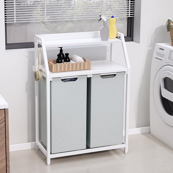 Laundry Hamper, Laundry Sorter 2 Section, Rolling Laundry Basket with Wheels, 2 Shelves, 2 × 14.5 Gal, Pull-Out and Removable Oxford Fabric Bags, for Laundry Room, White and Grey - Image 9