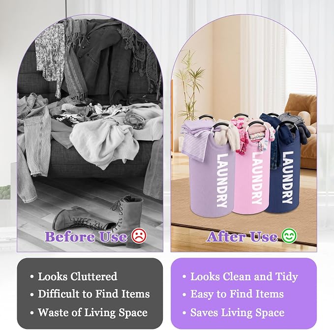 3Pack 95L Collapsible Laundry Basket, Padded Handle Hampers for Laundry | IHOMAGIC Freestanding Dirty Clothes Hamper, Water-resistant Storage Bin, Laundry Bag for Bedroom, Dorm, Purple+Navy Blue+Pink - Image 9