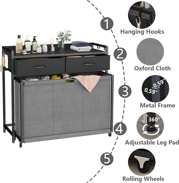 STIKELY Laundry Hamper Laundry Basket with 3 Section Pull-Out Rolling Bags, Laundry Sorter for Organization and Storage with 2 Pull-Out Drawers for Laundry Room, Bathroom, Bedroom Use (Black) - Image 8