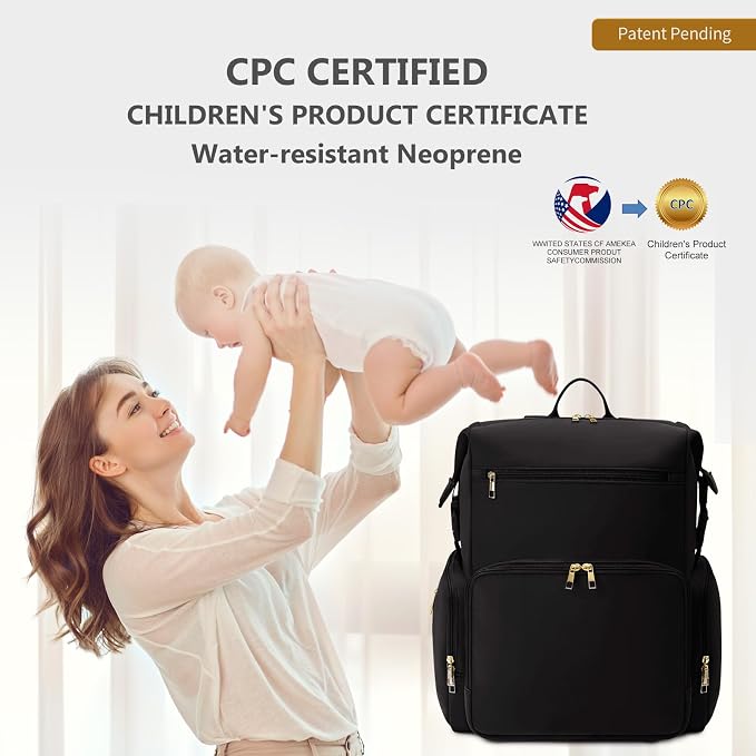 CEI-CEI Neoprene Diaper Bag Backpack with Changing Pad, Large Newborn Baby Maternity Bags Travel Tote with Insulated Pockets (Black) - Image 9