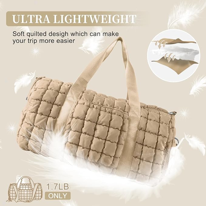 Quilted Travel Duffle Bag Gym Bag for Women,Large Puffer Duffle Weekender Bag with Compartment,Workout Overnight Carry on Organizer Bag Duffle Bag for Airplane Travel(L-Khaki) - Image 8