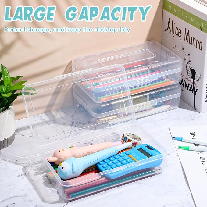 Patelai 30 Pcs Large Capacity Pencil Case Bulk Clear Hard Plastic Pencil Box Organizer with Snap Tight Lid Stackable Crayon Storage Box for Kids School Classroom Home Office 2 Style (Transparent) - Image 6