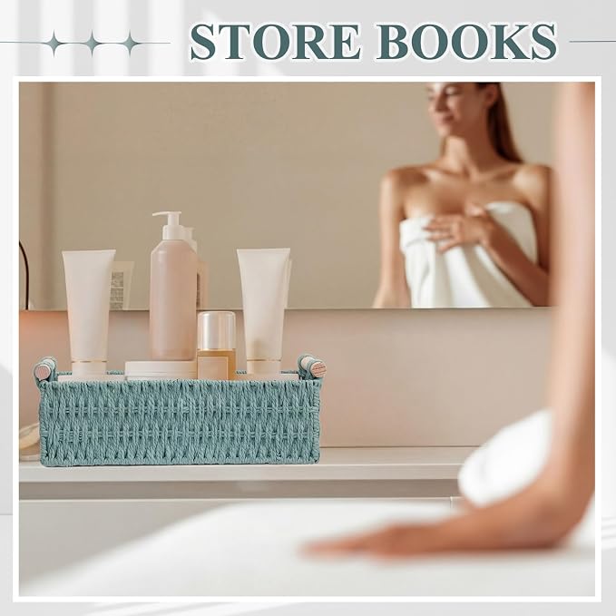 Boao 3 Pcs Boho Storage Wicker Baskets Handmade Woven Decorative Paper Rope Baskets for Organizing with Handle Countertop Toilet Paper Storage Container for Toilet Tank Top(Grey Blue,Rectangle) - Image 7